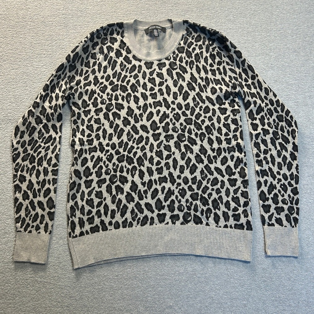 Ellen Tracy  Sweater Womens Medium Gray Black Leopard Print Crewneck Pullover